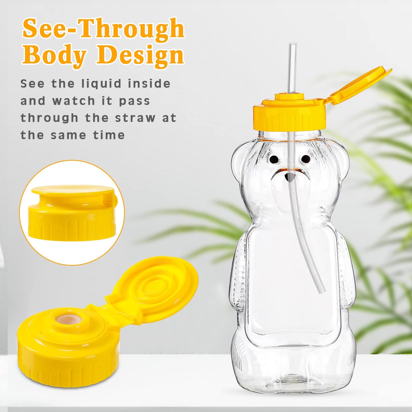 Thenshop 32 Pack Honey Bear Bottle with Straws Empty Plastic Cup Honey Jar Containers Bear Shaped Squeeze Bottle Storing and Dispensing Yellow Flip Top Lid Assistive Cups(8oz)