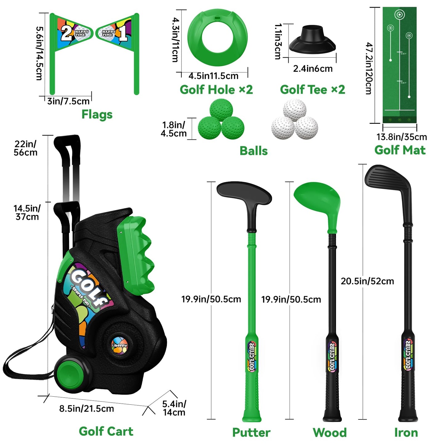 Liberry Toddler Golf Set with Putting Mat for Boys Girls Age 2 3 4, Upgraded Kids Golf Cart with Shoulder Strap Design, Outdoor Indoor Sports Toys for Birthday Gift, Black