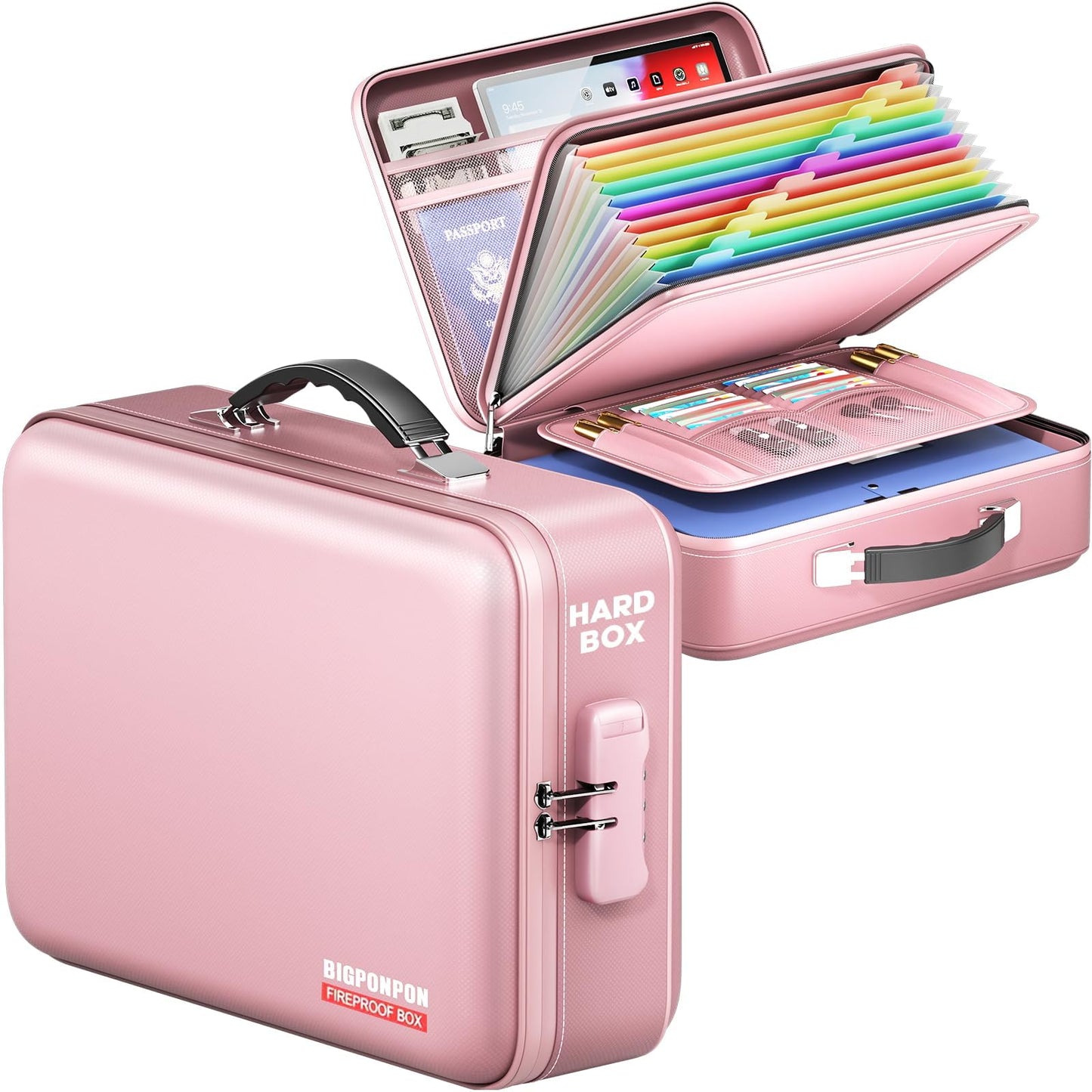 BigPonPon Fireproof Document Box, Hard Case Highly Flame-Resistant Fire Proof Waterproof File Organizer with Lock, Portable Fire Safe for Important Documents & Valuables Storage (Pink, ‎14"*11"*5")