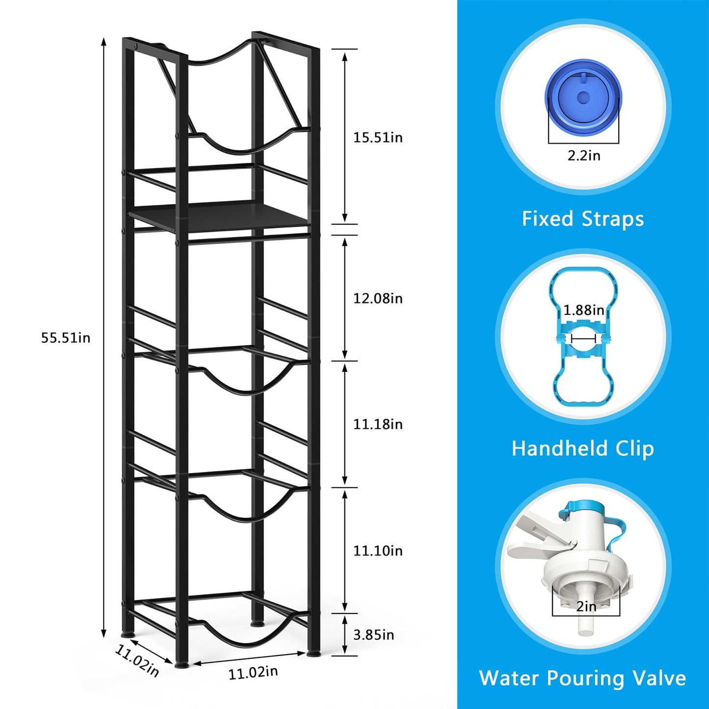 Eocnrhe 2-In-1 5 Gallon Water Jug Holder, 5 Tier Water Jug Stand Holder with 1 Dispenser Valves, 5 Gal Water Bottle Storage Rack Organizer for Kitchen, Office, Garage