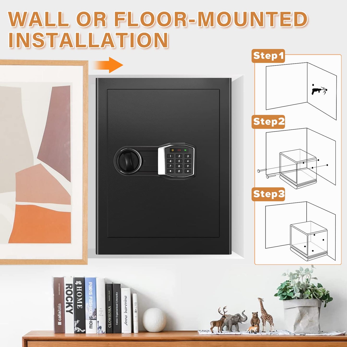 3.3 Cub Home Safe Fireproof Waterproof, Large Fire proof Safe Box with Fireproof Bag, Digital Keypad Key and Removable Shelf, Personal Security Safes for Home Money Jewellery Documents Valuables