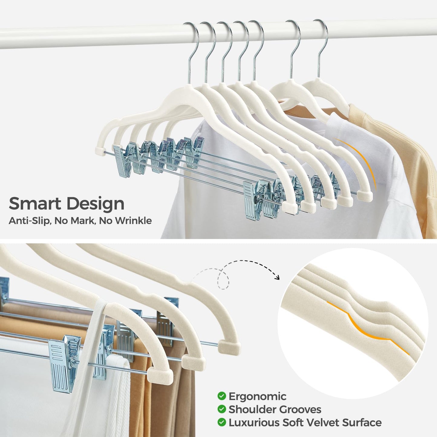HOUSE DAY Velvet Hangers with Adjustable Clips 30 Pack, Non-Slip Suit Organizer with 360° Hook - Heavy Duty Hanger for Pants, Skirts, Blouses, Dresses - Outfit Hangers All-Season Space Saver (Ivory)