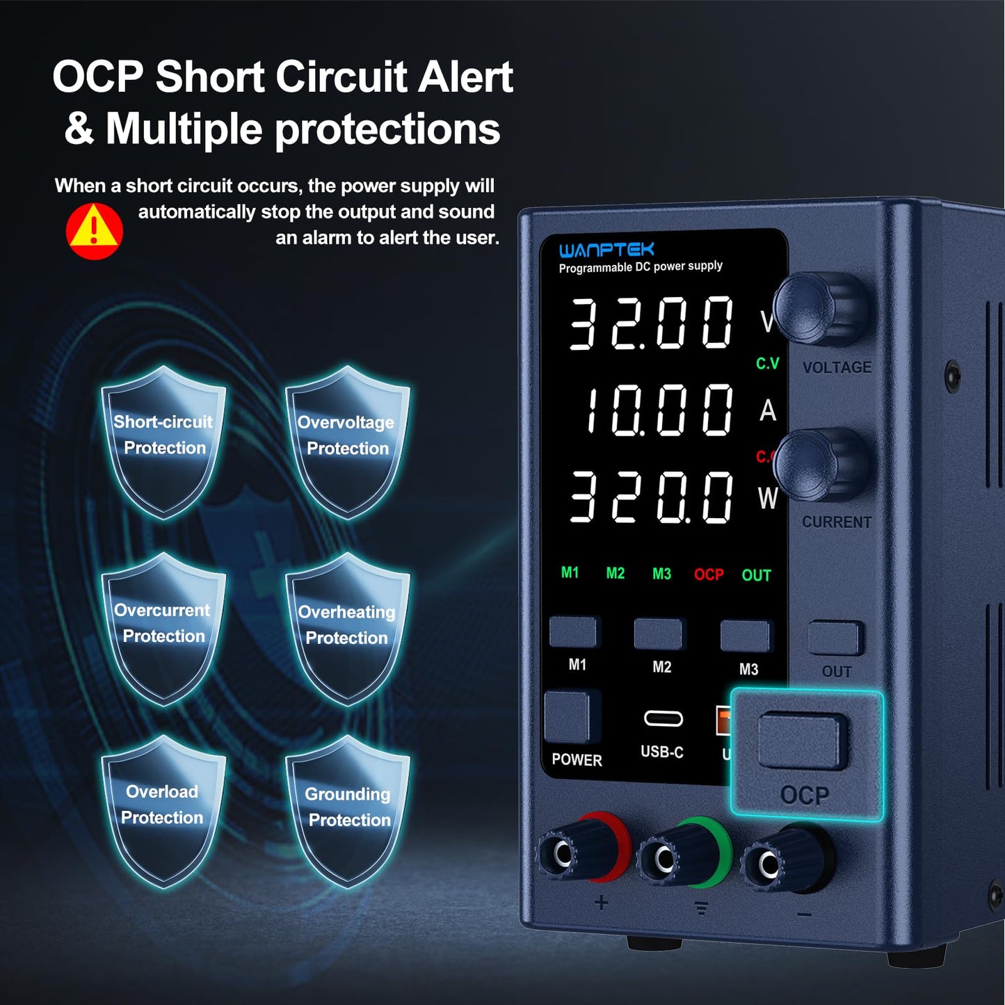 WANPTEK POWER DC Power Supply Variable 0-32V 0-10A Bench Power Supplies Adjustable with Memory Storage/USB-A&Type-C Fast Charge/OCP&Output Function /4-Digit LED Display/