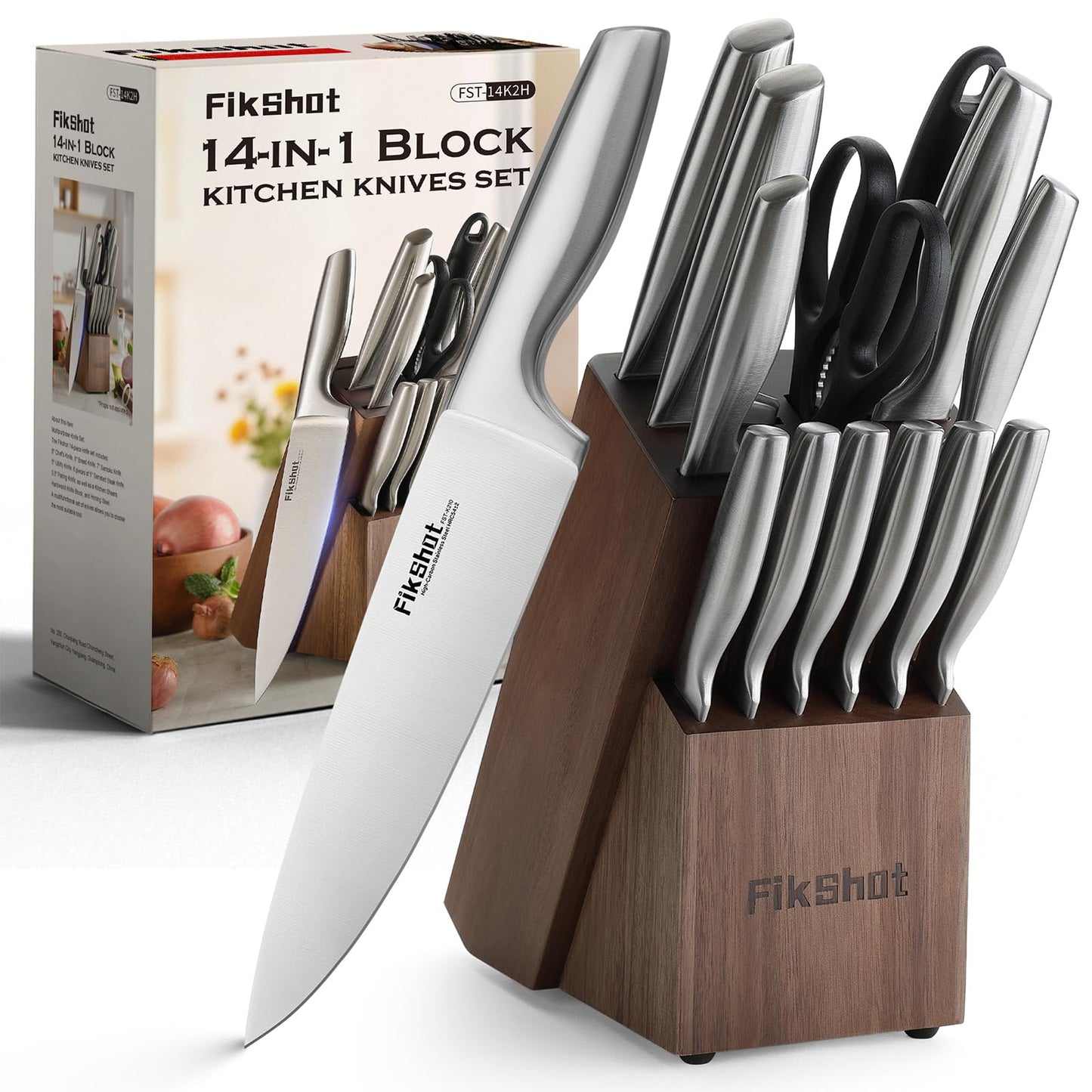 FIKSHOT 14 Pieces Knife Block Set German Stainless Steel with Block, Razor-Sharp Santoku Knives, Fruit & Kitchen Knives, Rust Resistant for Homecooks (Silver + Walnut)
