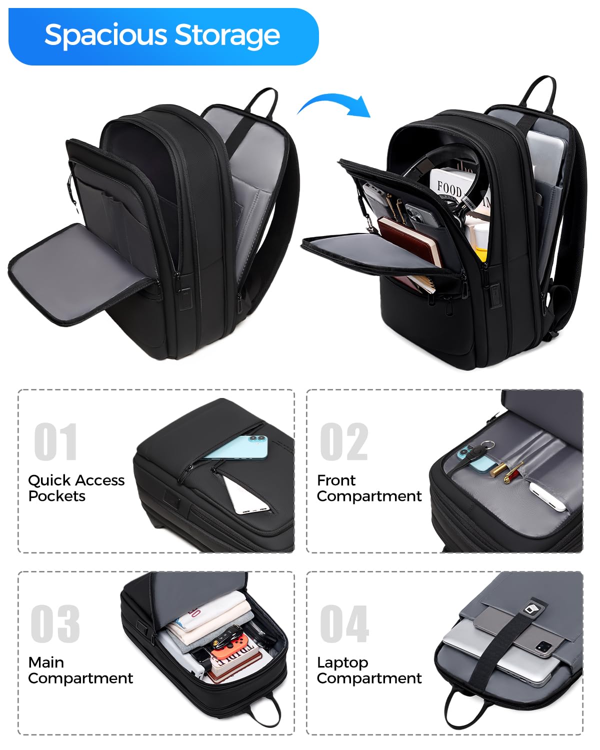 Fenree.geer Work Backpack for Men, Expandable Backpack with USB C Charging Port, Water Resistant 15.6 Inch Laptop Backpack, Black