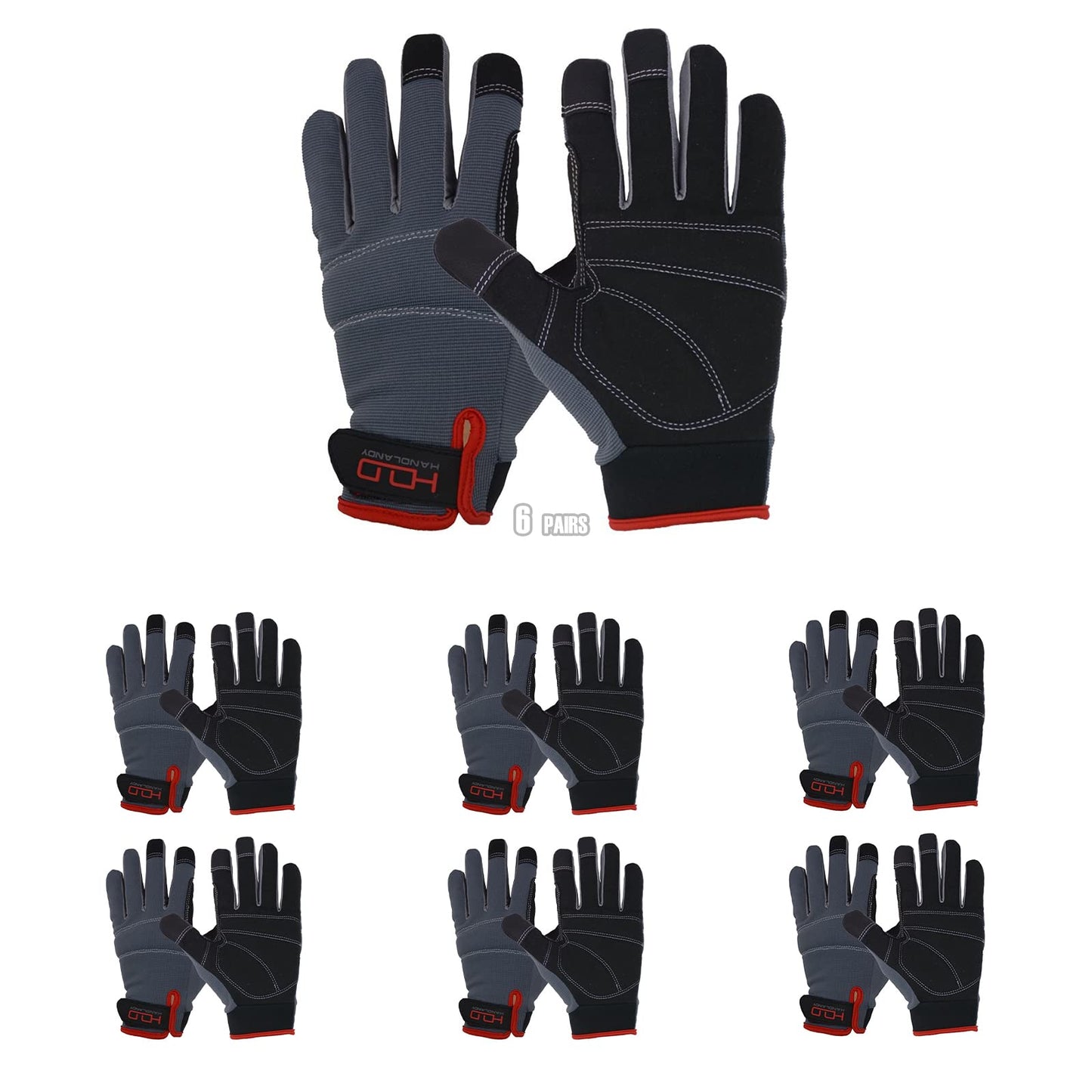 HANDLANDY Mens Work Gloves Touch screen, Pack of 6 Pairs Flexible Breathable Utility Gloves (Large, Grey (6 pairs))