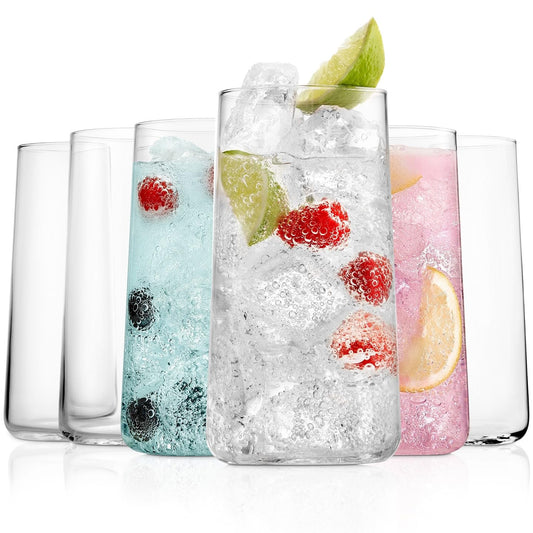 BENETI Modern Tall Drinking Glasses Set of 6 | Handmade In Europe | 18oz Premium Highball Crystal Glass Cups for Water and Juice
