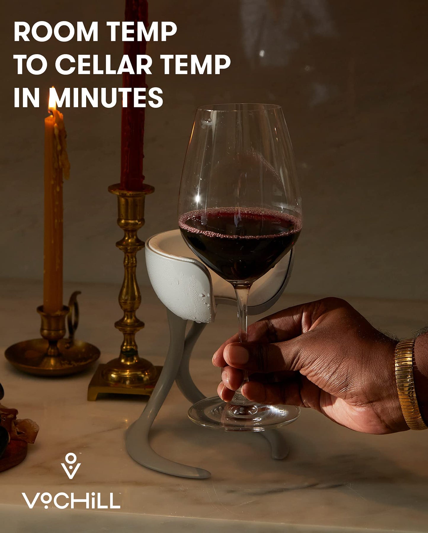 VoChill Stemmed Wine Glass Chiller | Made in USA | Radically cool wine tool – keeps wine perfectly chilled in your glass | Refreezable Chill Cradle actively chills (Sand, Perfect Pair)