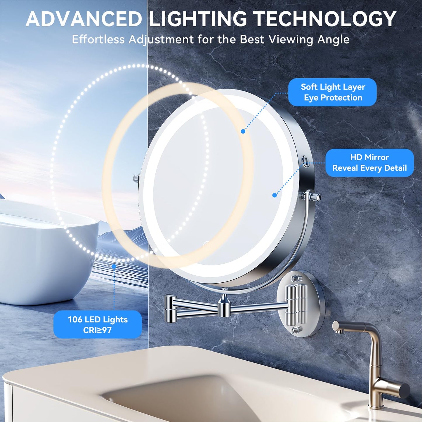 10'' 30X/1X Wall Mounted Lighted Makeup Mirror, 5000mAh Rechargeable Double-Sided Magnifying Mirror with Light, LED Vanity Mirror Touch Dimmable 3 Colors 360° Rotation Extended Foldable Arm, Chrome