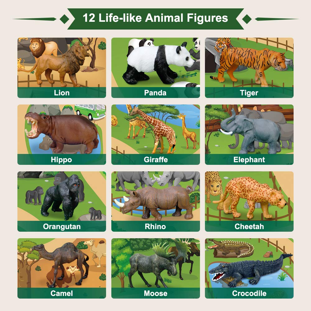 Mini Tudou 12 Pieces Safari Animal Figures with Large Play Mat 57" x 38.6" Realistic Wild Zoo Animals Game with Elephant, Giraffe, Lion for Boys and Girls