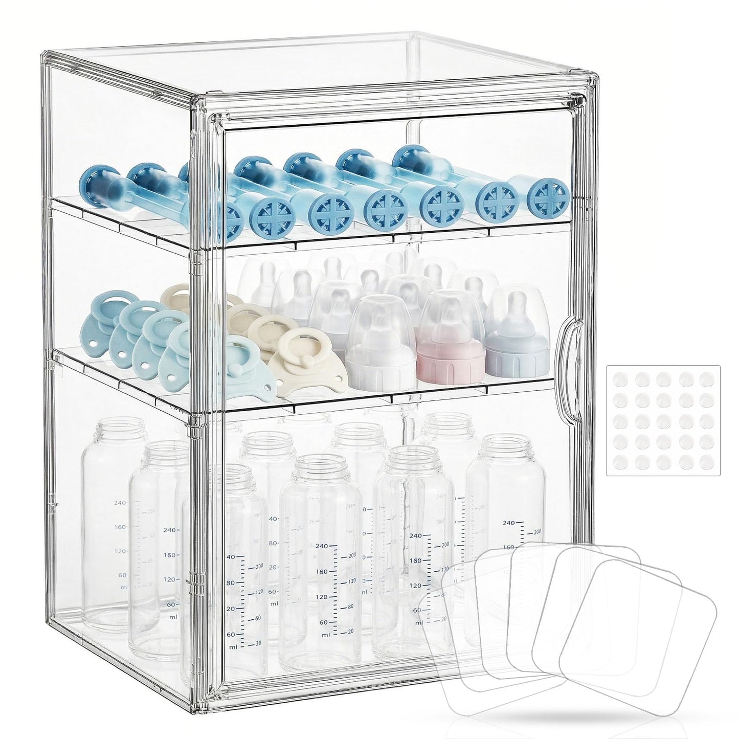 KitHero Baby Bottle Organizer – X-Large Adhesive Wall-Mount 3 Tier Adjustable Acrylic Bottle Storage Container with Magnetic Door – for Countertop, Cabinet, Kitchen, and Vanity, Gifts for New Mom