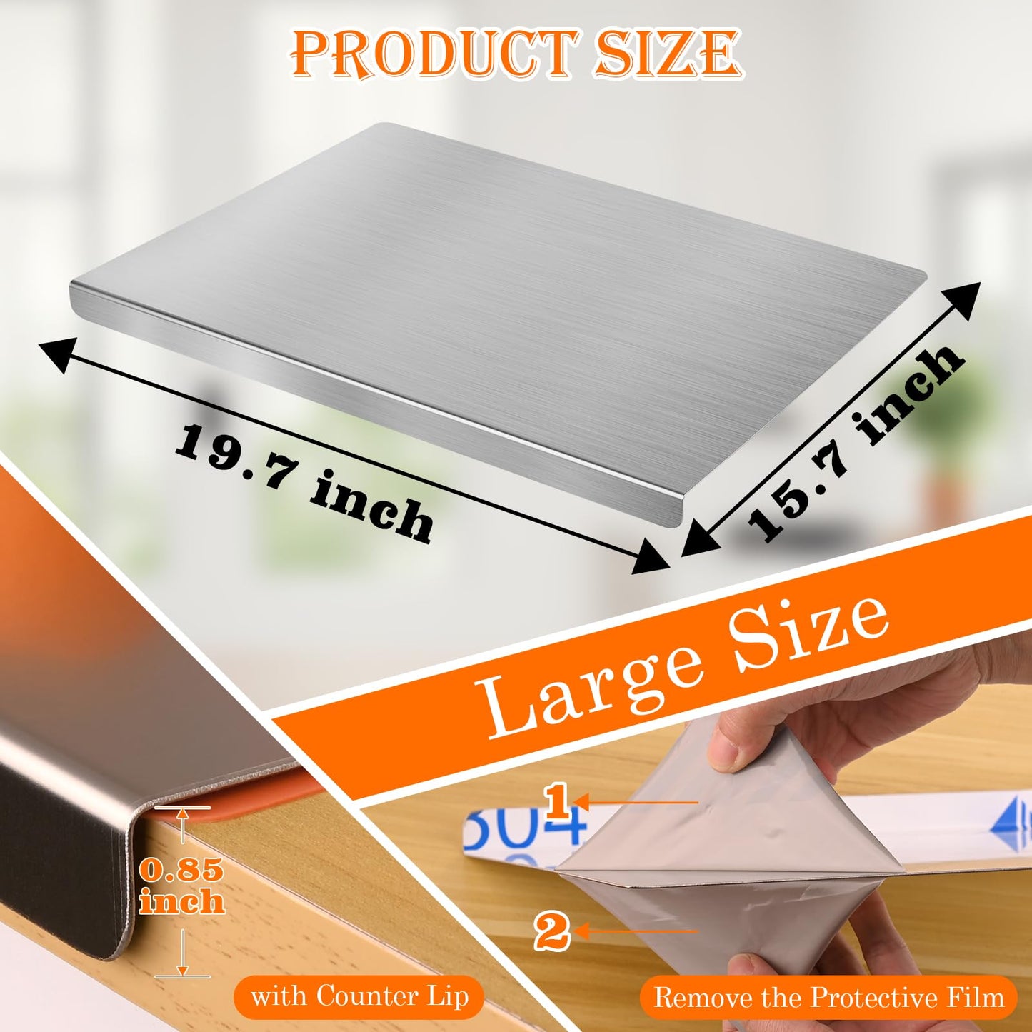HUAKENER Large Stainless Steel Cutting Boards for Kitchen, Cutting Board with Counter Lip, Cutting Board with Silicone Mat for Meat, Fruits, Vegetables, Bread (19.7 x 15.7 Inch)