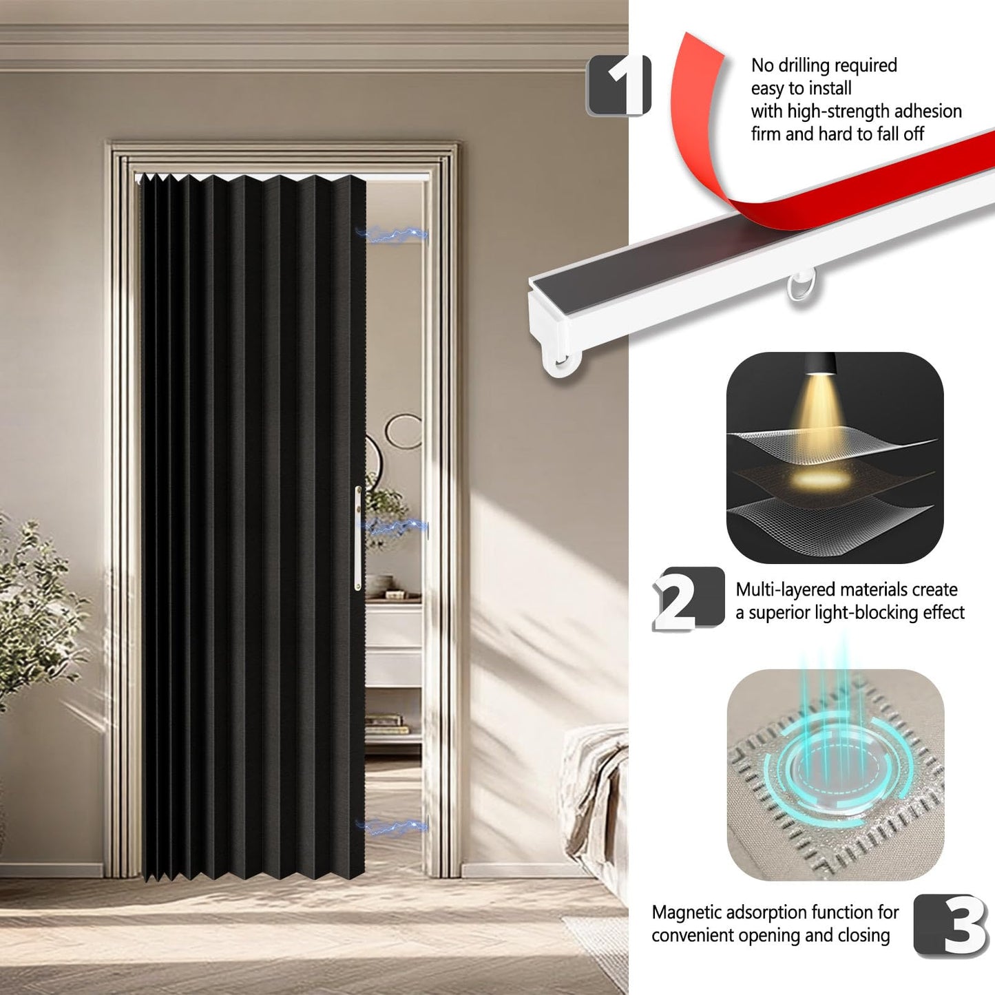 Jilron Accordian Door Curtain,Install Adhesive Track 100% Blackout Doorway Curtains,Suitable for Bedroom,Closet,Interior Room Divider,Black 43" W×78" L,1 Piece