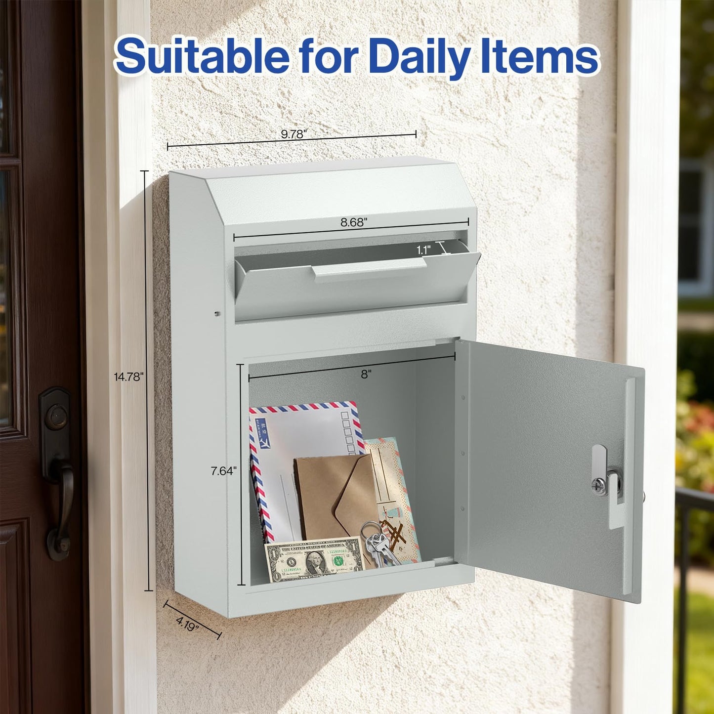 POCHAR Metal Wall Mount Locking Deposit Drop Box Safe - Heavy Duty Lock Box for Keys, Rent, Checks, Money, and Mail Envelopes (9.75” x 4.25” x 14.75”) (White)