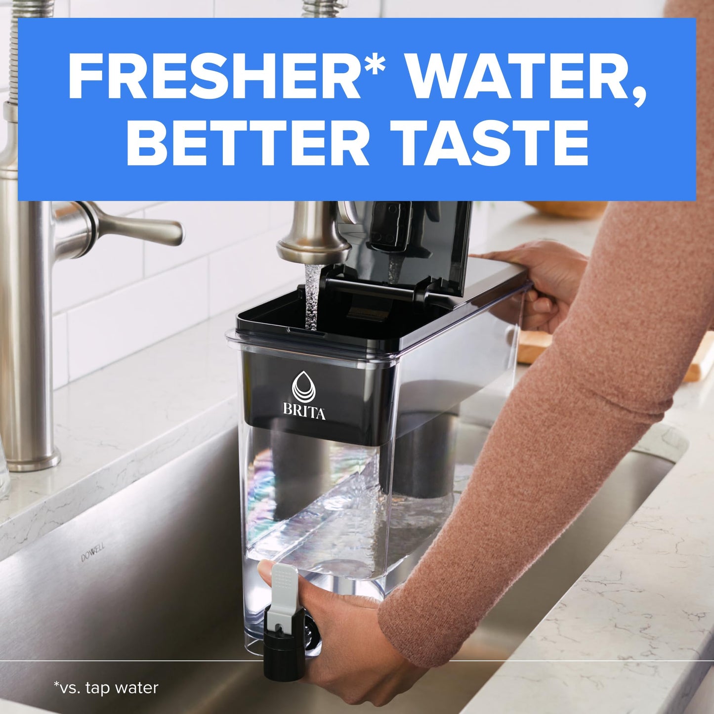 Brita Extra-Large 27-Cup Water Dispenser with BritaPlus Filter, WQA NSF/ANSI Certified, Reduces 2X Contaminants vs. Standard, Reduces Chlorine, Zinc, Copper, Mercury & More, 1 Filter Included, Black