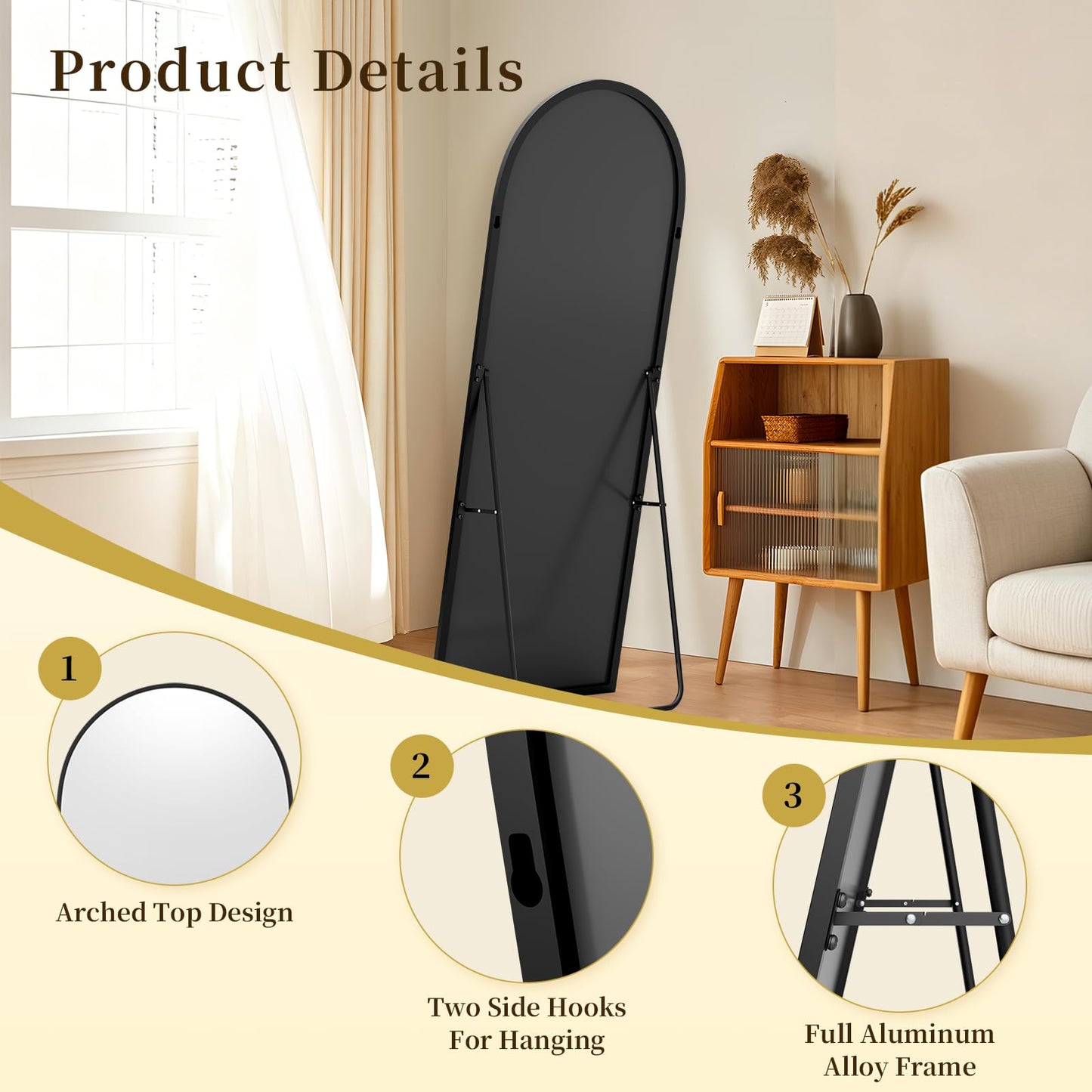 NBGV 59"x16" Floor Mirror Full Length, Arched Full Length Mirror with Stand, Full Body Mirrors for Bedroom Living Room or Cloakroom Black