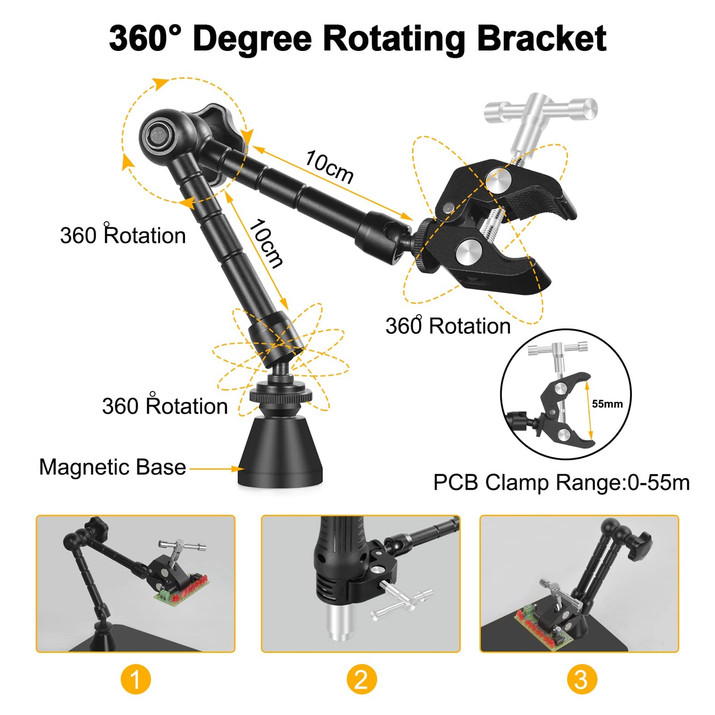 Magnetic Helping Hands Soldering Third Hand, PCB Circuit Board Holder with 3X LED Magnifying Lamp, 360 Hot Air Gun Holder, Extra Large & Heavy Duty Base Plate | Flexible Arms for Soldering Station