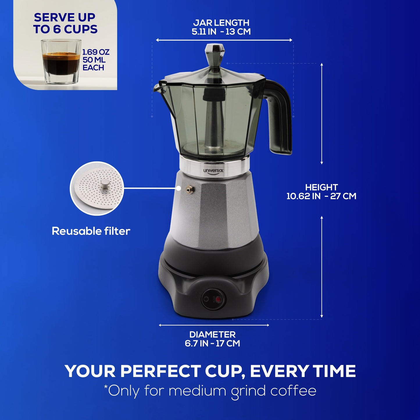 universal Electric Moka Pot 6 Cup (300ml), Cuban Coffee Maker 480W, Portable Espresso Maker with Detachable Base, Easy One-Touch Brewing, No Stove Needed