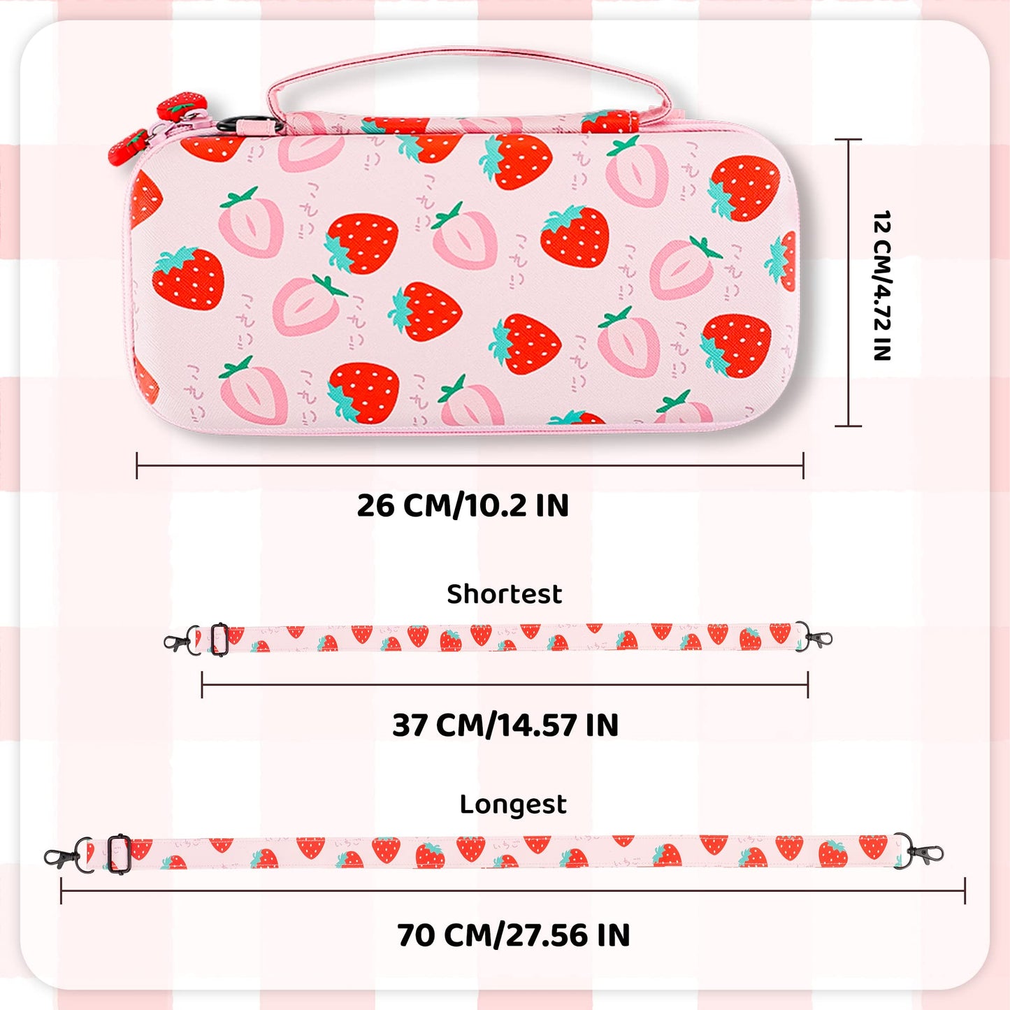 RHOTALL Strawberry Theme Carrying Case Set for Nintendo Switch OLED, Cute Accessories Bundle for Switch OLED with TPU Protective Shell, Adjustable Shoulder Strap, Screen Protector and 2 Thumb Caps