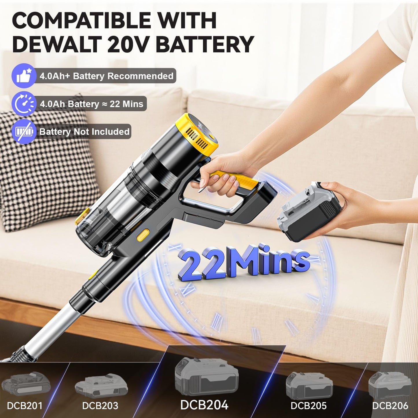 350W 40KPa Cordless Vacuum Cleaner for DeWalt 20V Battery (No Battery), 6-in-1 Self-Standing Stick Vacuum, 3 Models, Dual Dust Cup, LED Display & 180° Bendable Wand for Carpet, Pet Hair & Hard Floors