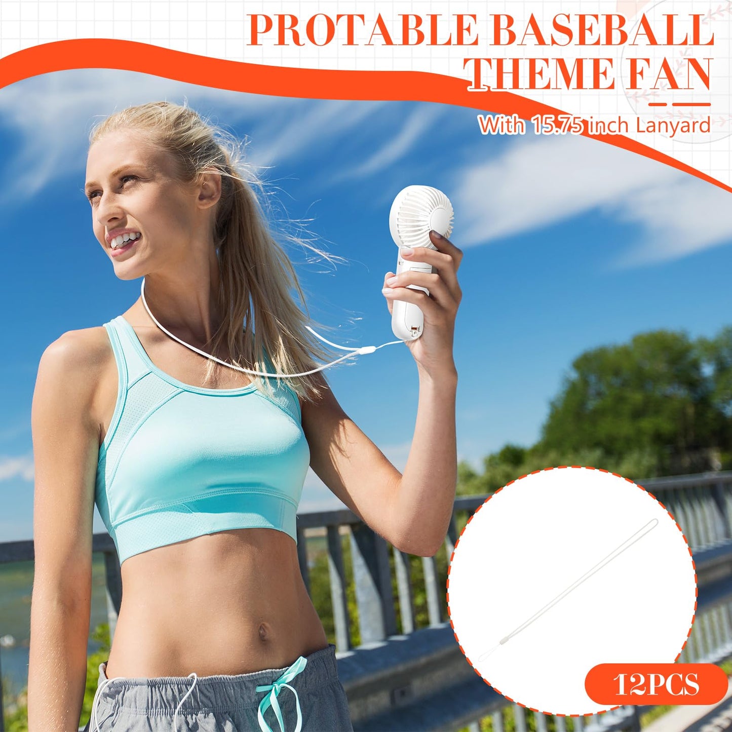 Honoson 12 Pcs Mini Portable Baseball Fan Bulk Small Personal Handheld Fan with Lanyard for Team Gift Game Outdoor Sport Party Favors, Battery Not Include(White and Red)