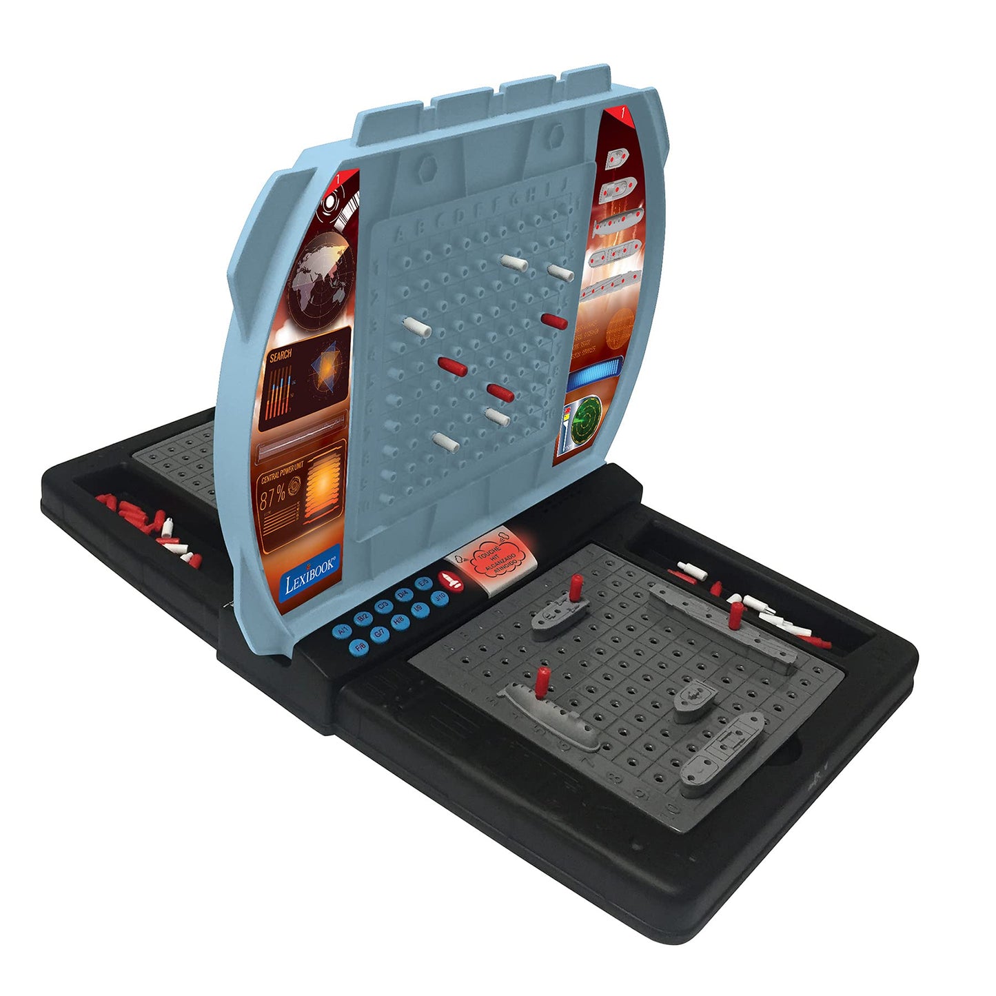 Lexibook Talking Sea Battle (French, English, Spanish, Portuguese), Electronic Board Game 1 or 2 Players, Interactive, Light and Sound Effects, Strategy, Battery Operated, Grey/Black, GT2800US