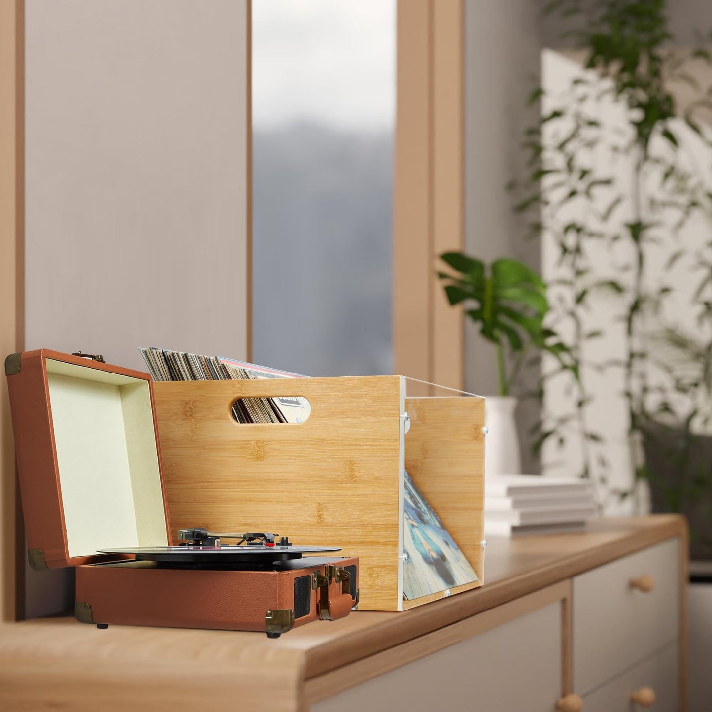 X-cosrack 2-Pack Vinyl Record Storage Box Crate, Visible Acrylic & Bamboo Vinyl Record Holder Crate with Handle, Cube CD Holder for LP Album Storage and Organizer, Easy to Assemble