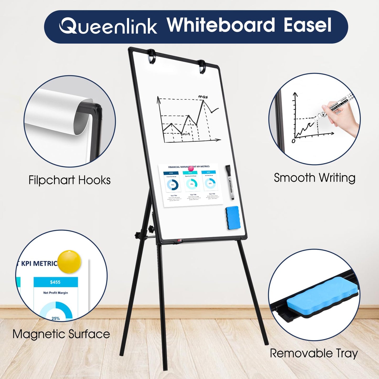 QUEENLINK Magnetic Whiteboard Easel, 36"x24" Height Adjustable Dry Erase Board with Stand, Large Aluminium Frame White Board for Teaching, Flipchart Standing Writing Board for Office，Home (Black)
