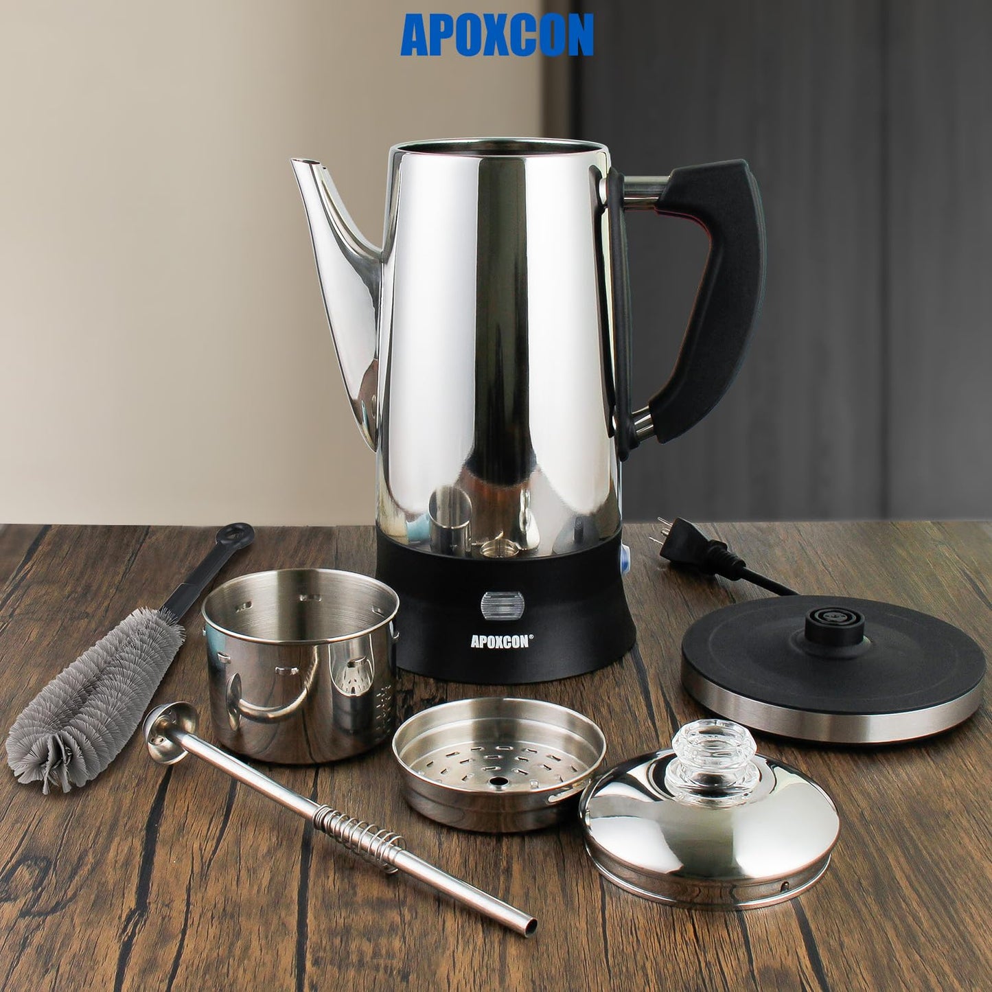 APOXCON Electric Coffee Percolator Stainless Steel Coffee Maker with Clear Brew Progress Tough Glass Knob and On/OFF Switch Classic Coffee Pot with Keep Warm & Cordless Serve No Aluminum (12 Cup)