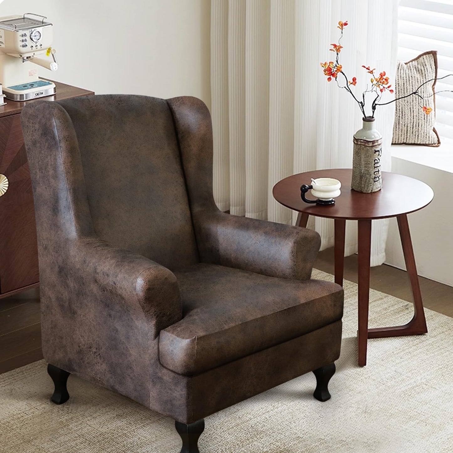 ANARACHON Leather Look Wingback Chair Covers, 2-Piece Wing Chair slipcover,Stretch Wing Back Armchair Slipcovers with Elastic Bottom, Soft Spandex FurnitureProtector for Living Room (Brown #2)
