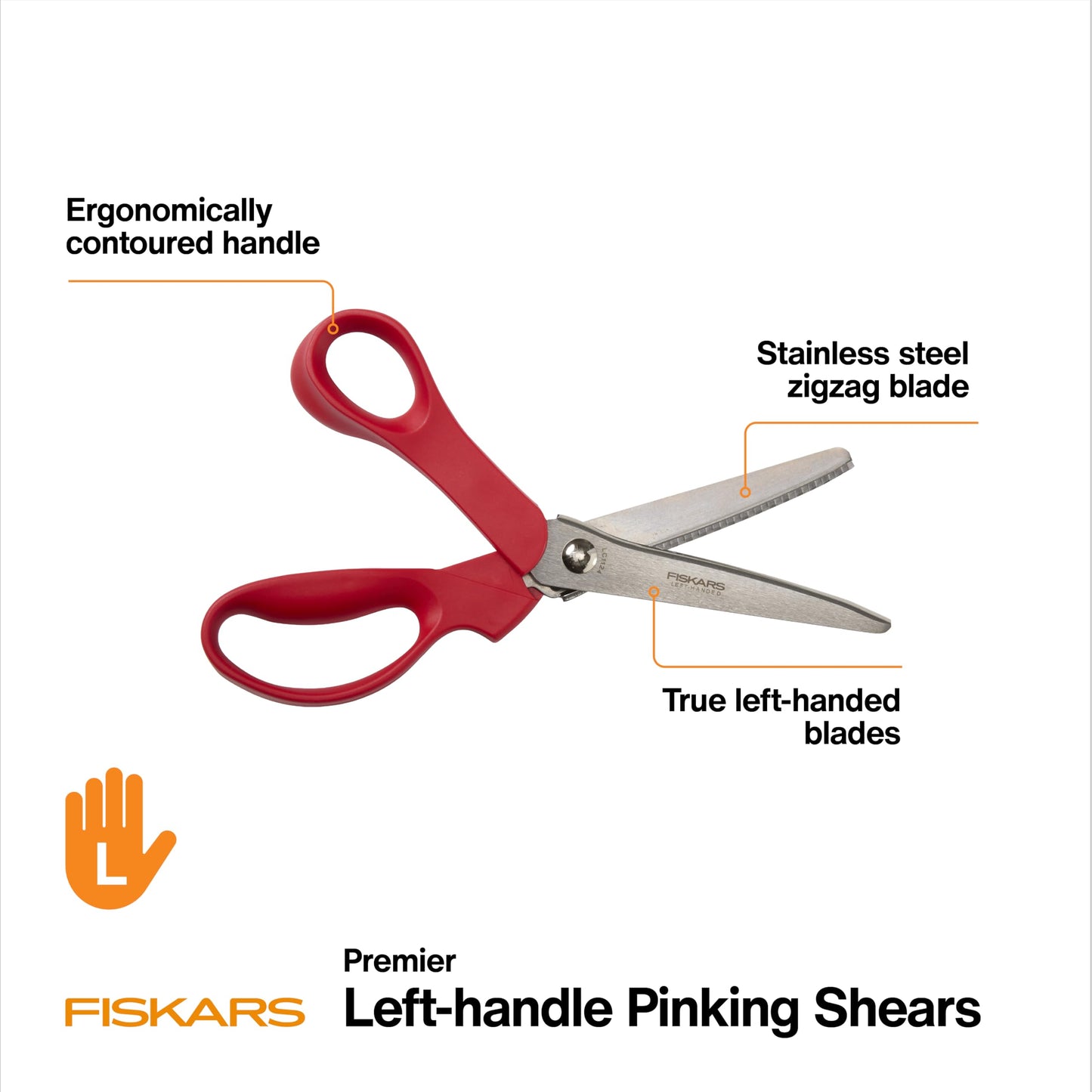 Fiskars 8” Premier Left-Handed Pinking Shears for Fabric Cutting Paper and Crafts, High-grade Stainless Steel Zigzag Blades Prevents Fraying, Ergonomic Contoured Handle for Left-Handed Comfort