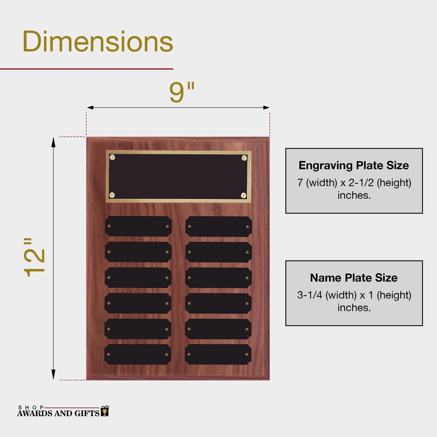SHOP AWARDS AND GIFTS 9 x 12 Inch Perpetual Plaque Award Multiple Name Plate Board for Employee Appreciation, Recognition, Achievement, Walnut Finish with Black and Gold Header, 12 Name Plates