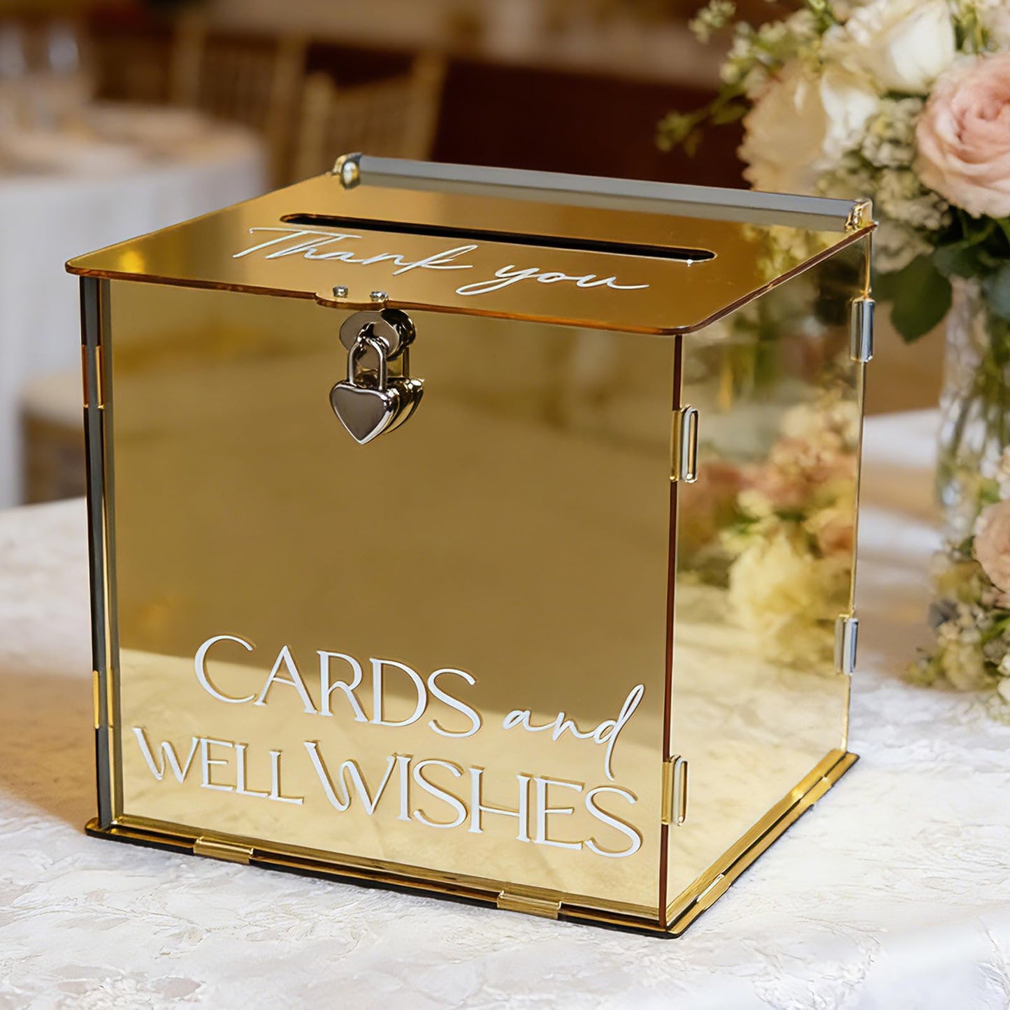 SOFARKKT Acrylic Gold Card Box with Lock & Slot, Metallic Golden Classy Wedding Card Boxes for Reception, Luxury Money Gift Cards Box for Party Engagement Bridal Shower Luxury Wedding Table Decor