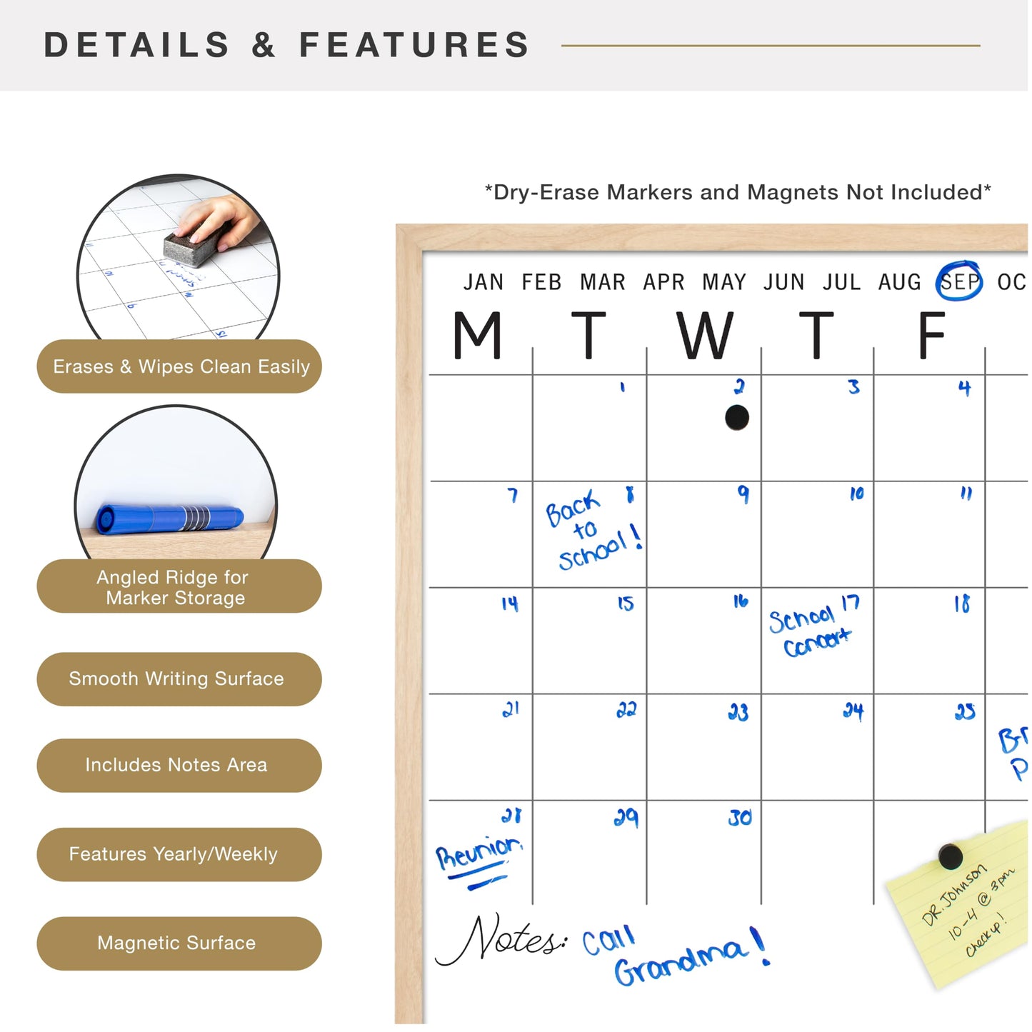 MCS Dry Erase Calander 24x24 Natural Framed Monthly Calendar for The Wall, Stay Organized with Family Planner for Appointments, Sports, Events & More