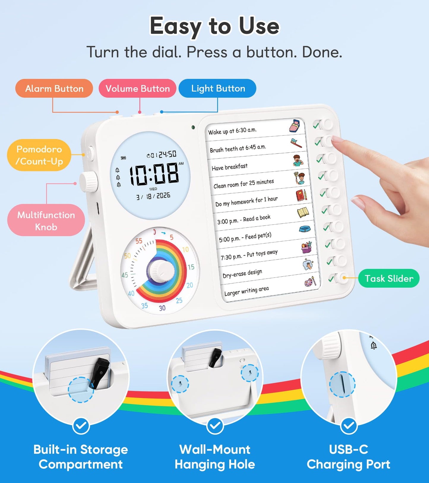 3-in-1 Visual Timer & ADHD Tool for Kids – ADHD Task Timer for Adults with Visual Schedule, Chore Chart & Planning Board for Home, School, Classroom, Work (White)