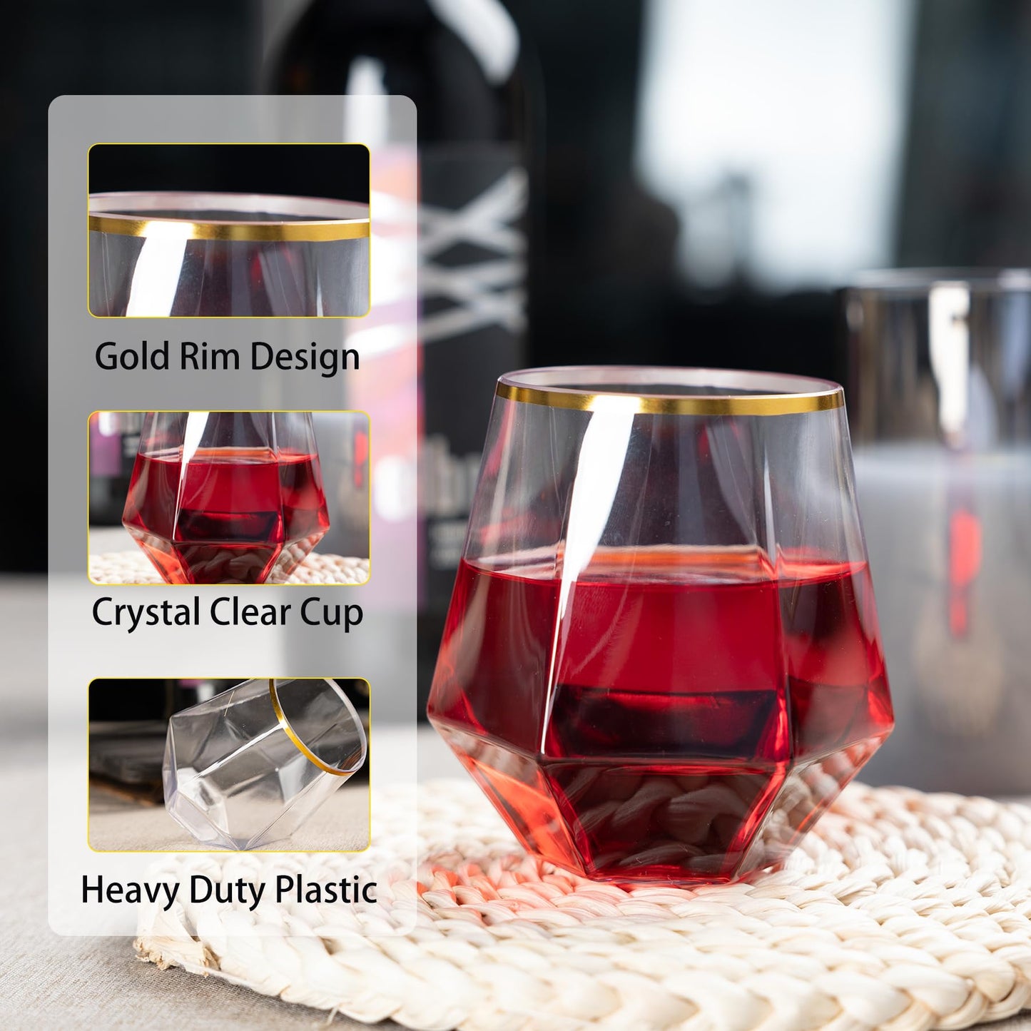 Lullaby 40pcs Plastic Wine Glasses with Gold Rim, 12oz Clear Disposable Wine Cups for Champagne Whiskey Cocktail, Perfect for Parties, Weddings and Daily Use