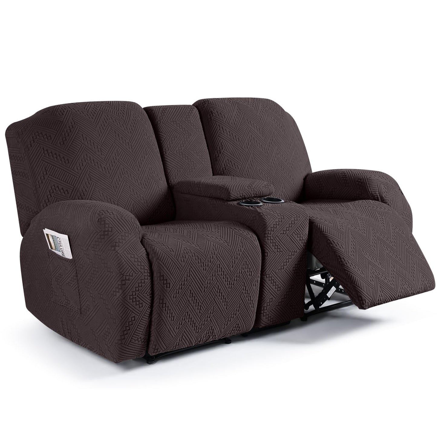 Ruaozz Stretch Loveseat Recliner Covers with Console 4-Pieces Recliner Sofa Covers with Pockets Jacquard Reclining Couch Covers Furniture Protector with Elastic Straps Bottom (2 Seater, Chocolate)