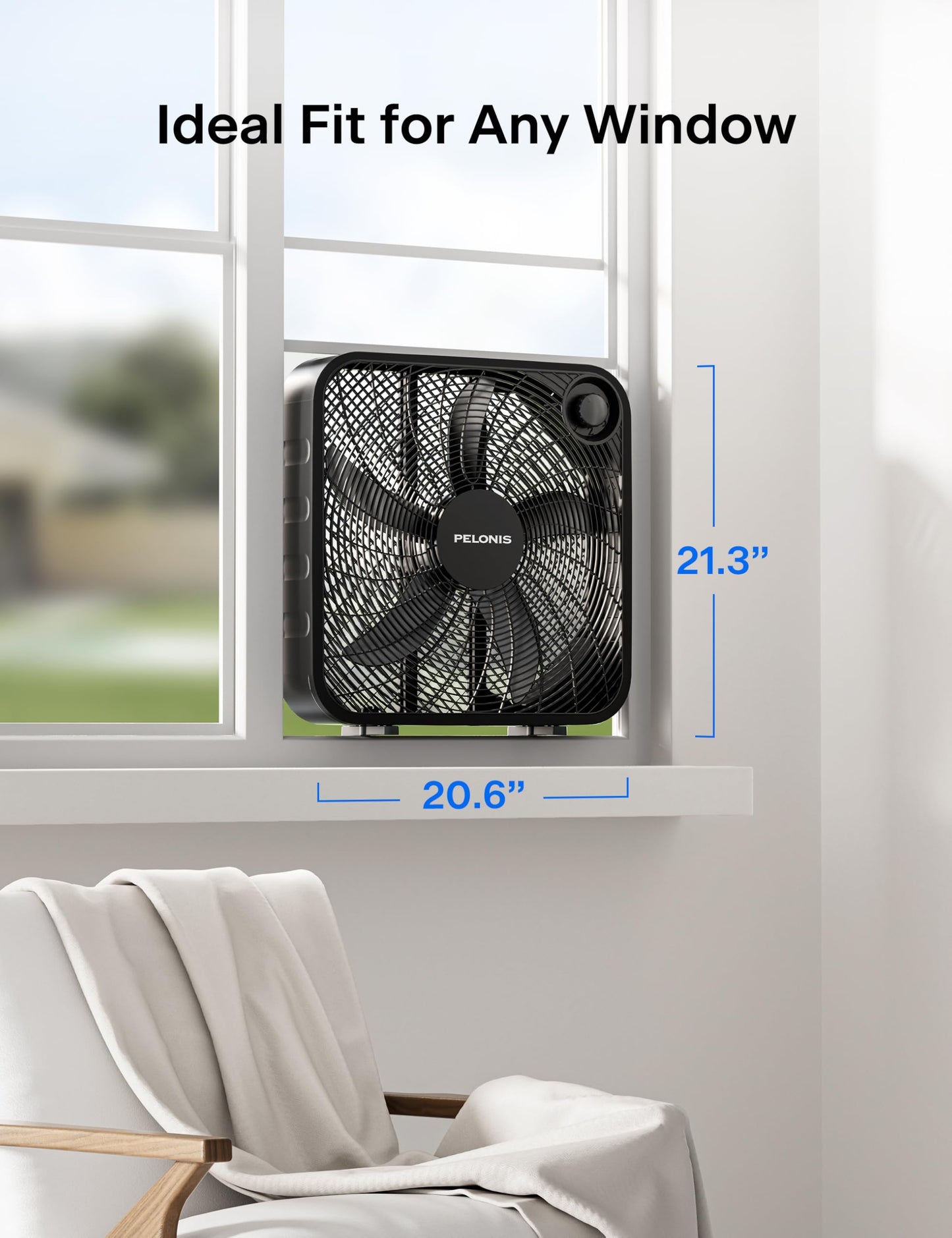 PELONIS 20 Inch Box Fan – 3 Speeds, Window Fans, Floor or Tabletop, 25ft/s, Superior Air Throw (2295 CFM), Lightweight, 5 Blades, Fans for Bedroom, Office, Living Room, Garage