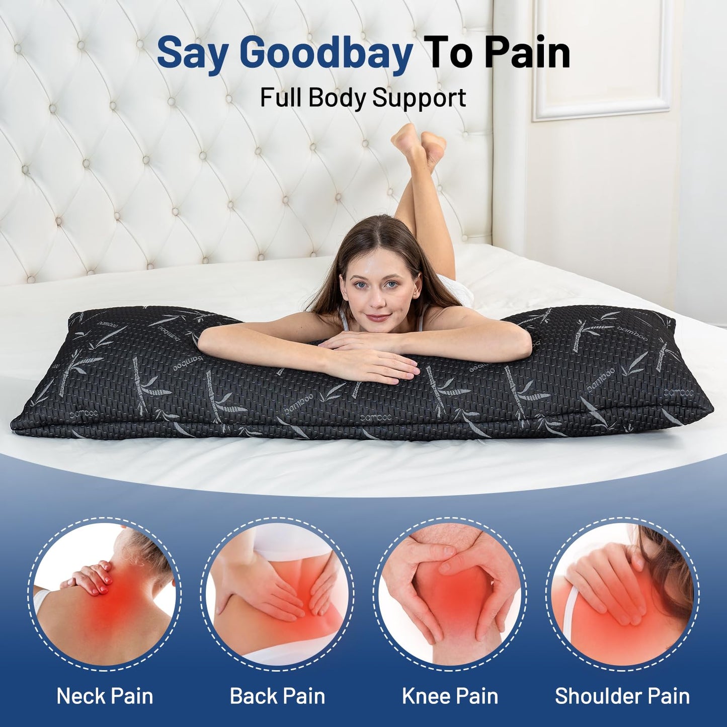 Primesoft Full Body Pillow with Removable Pillowcase for Adults,（Memory Foam Filling）（Long Pillow for Side Sleepers） （Fluffy and Firm）（Adjustable Filling）（20×54 Inch，Black）