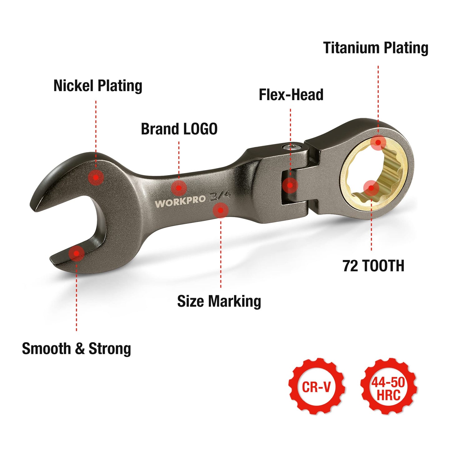 WORKPRO 8 Piece Flex Head Stubby Ratcheting Combination Wrench Set, SAE 5/16-3/4 in, 72-Teeth, CRV, Nickel Plating with Rolling Pouch