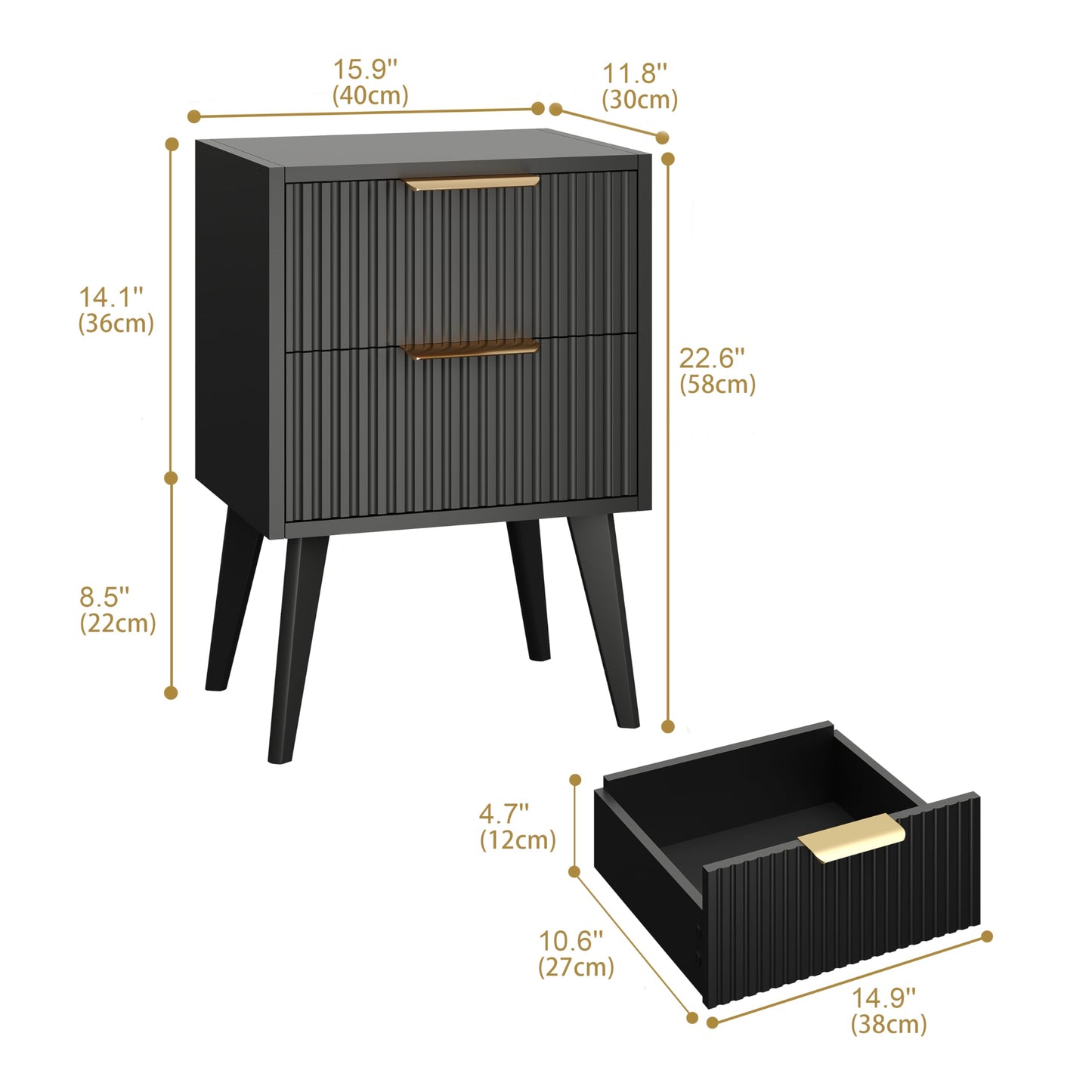 YAUKOMEL Black Nightstand,Mid Century Modern Bedside Table, Fluted Nightstand with 2 Drawers,Side Table with Wood Legs, End Table for Bedroom,Apartment,Dormitory,Small Space Black CTG55BK