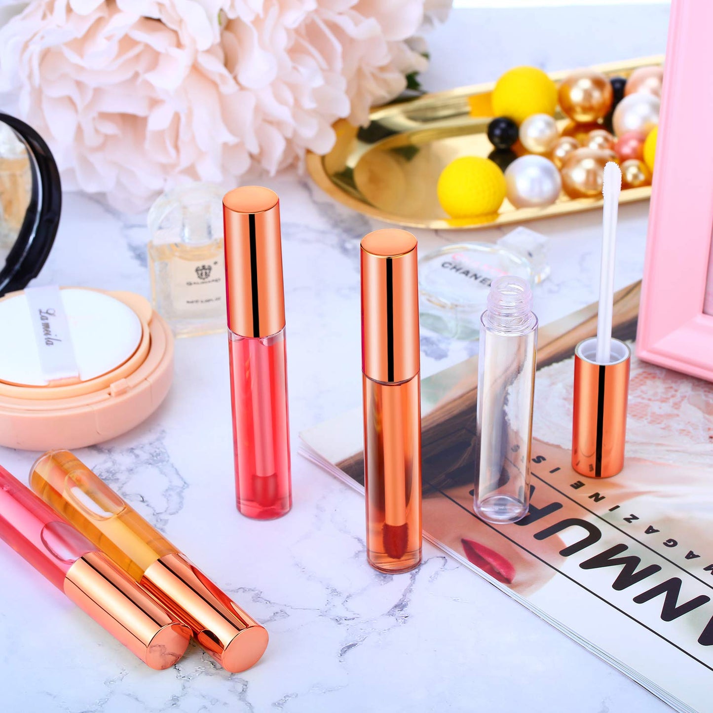 Nuanchu 100 Pcs 10 ml Empty Lip Gloss Tubes Clear Mini Refillable Lip Balm Gloss Containers Bottles Plastic Lip Gloss Containers Lip Gloss Tubes with Wand and Rubber Inserts DIY Makeup (Rose Gold)