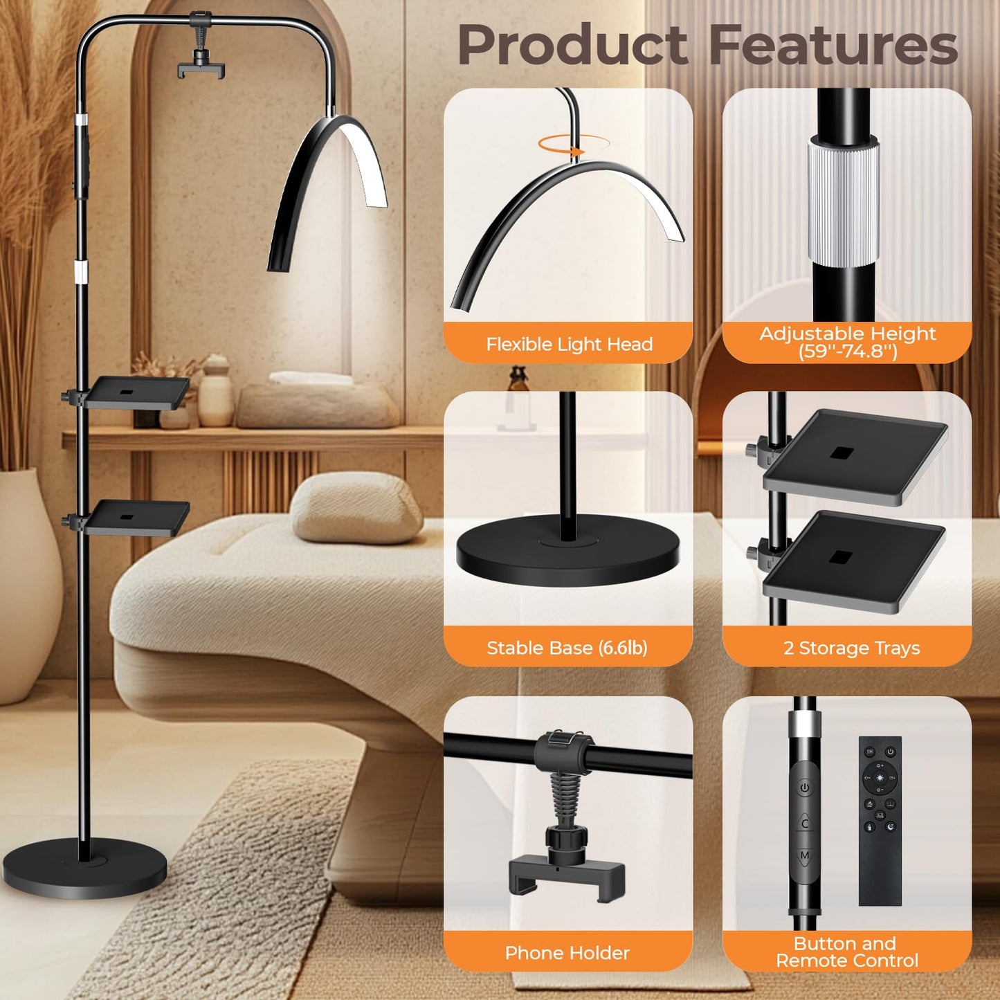 young master Half Moon Lash Light, 24W 1500LM Dimmable LED Floor Lamp with Adjustable Height for Lash Techs, Tattoo & Nail Artists, 4 Color Modes, Phone Holder & 2 Trays