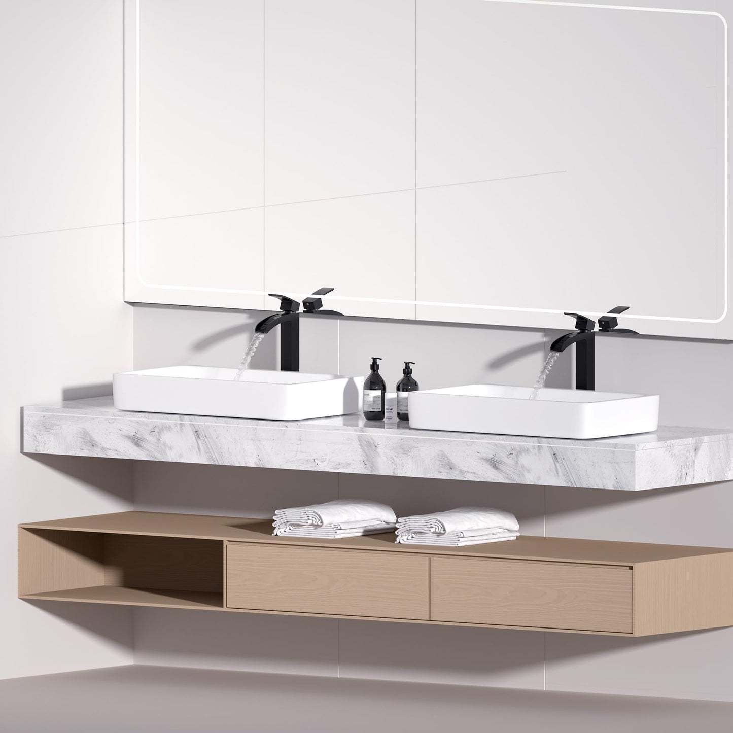 Lavatrum Bathroom Faucet Tall Vessel Faucet Matte Black Waterfall Deck Mount Single Handle Lavatory with Water Supply Line Lavatory Vanity