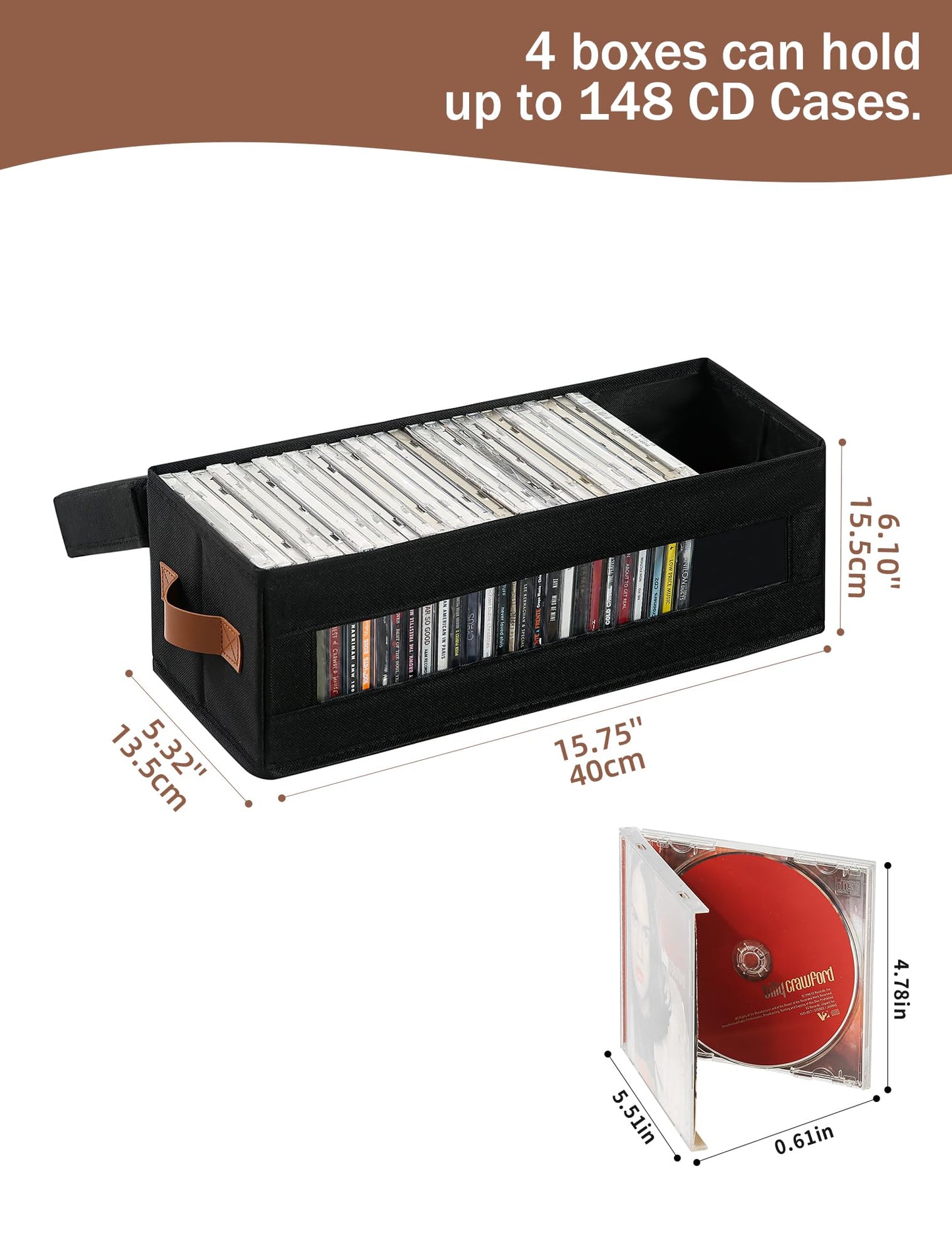 Coorganisers 4 Packs CD Storage Box with Visible Window, Stackable CD Case Holder with Dustproof Lid and Handles, Holds Up to 148 CDs in Full Jewel Cases-15.75 x 6.10 x 5.31 Inches-Black