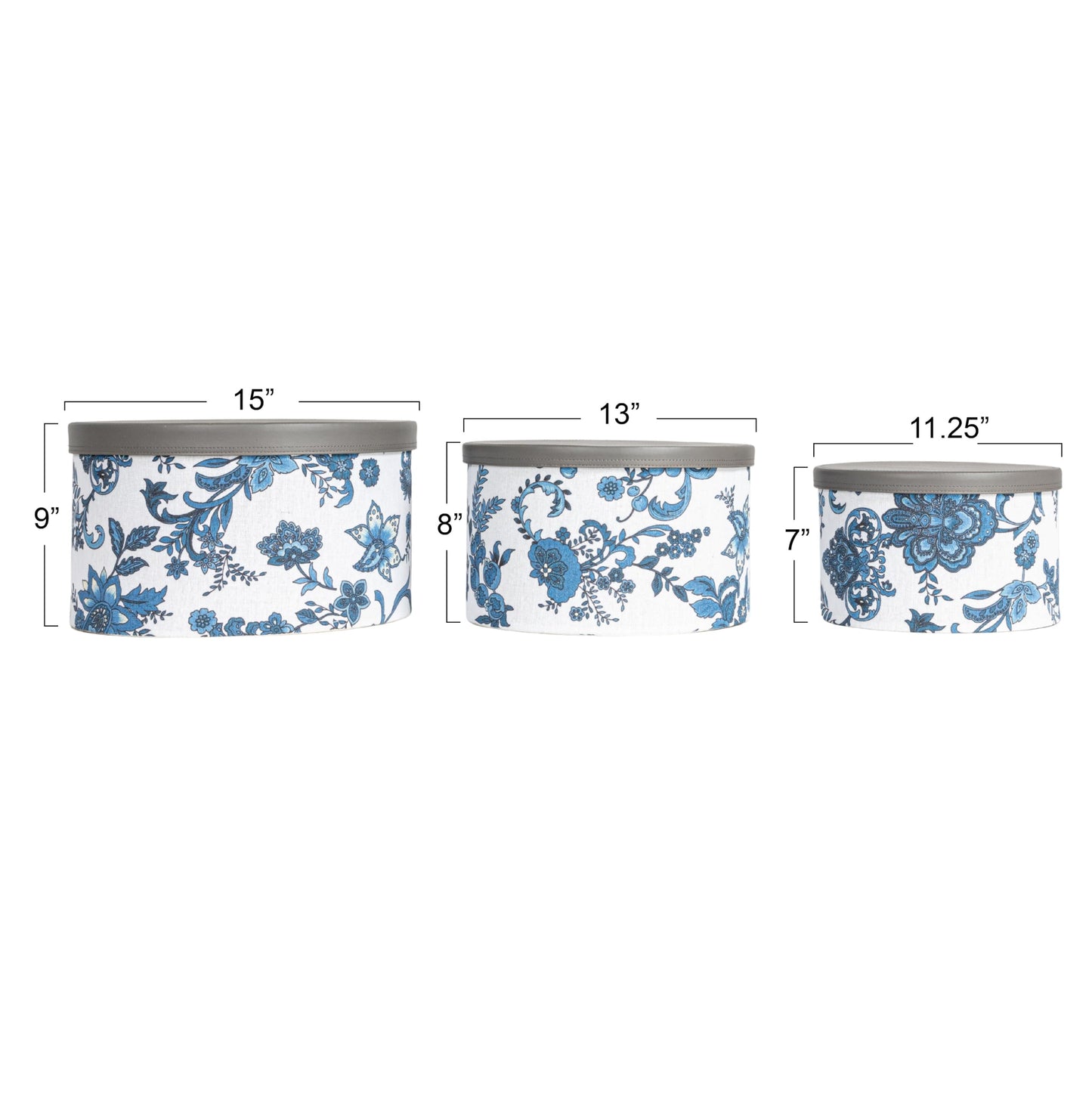 Household Essentials Floral Nestable Hat Boxes with Faux Leather Lids, Cream and Blue, Set of 3