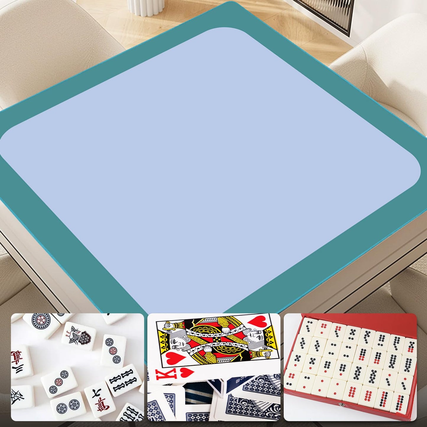 32.5 Inch Mahjong Mat for Table, 3MM Non-Slip & Noise Reduction Gaming Mat with Drawstring Bag, Perfect for Poker, Board Games, Card Games, Tile Games, and Dominoes (Dark Cyan-Pale Blue)