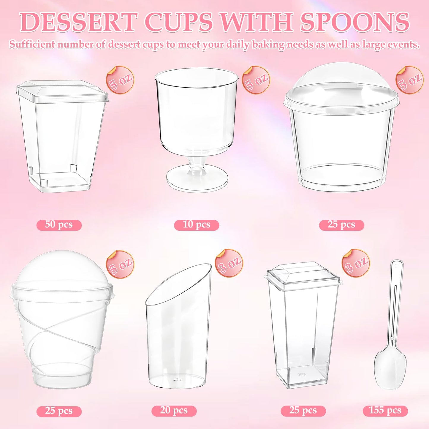 LifeisLuck 435 PCS Plastic Dessert Cups with Lids and Spoons, 5 oz and 3 oz Mini Clear Shooters Cups for Desserts, Appetizer, Ice Cream, Pudding, Jelly, Fruit, Mousse