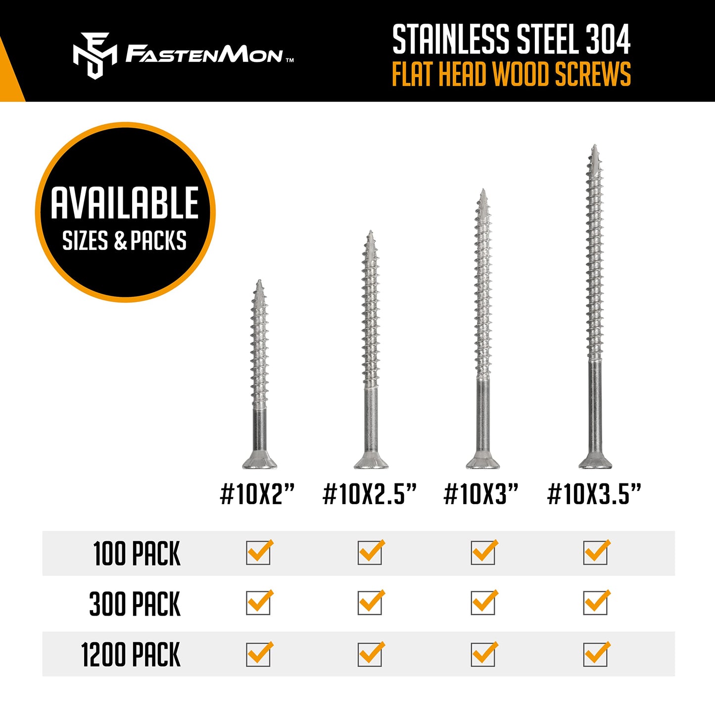 FM FastenMon #10x3 Stainless Steel Deck Screws, 304 Grade, 300 PCS, T25 Star Drive Bit, Ideal for Outdoor Wood Projects, Fences, Benches, Picnic Tables, and Decks, Bulk Box