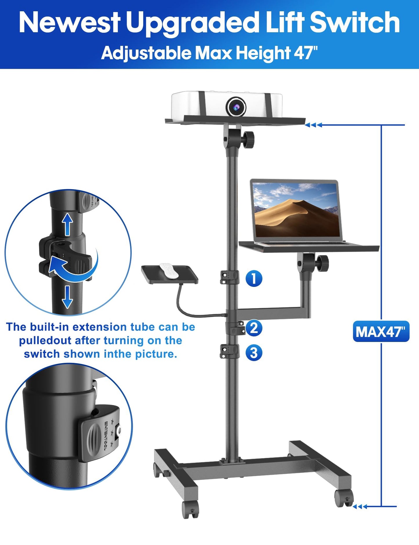 ORWOD Projector and Laptop Stand Tripod, 2 Shelves Mobile Laptop Tripod Stand, Max 47" Height Adjustable Laptop Cart on Wheels, Projector Floor Stand with Ventilated Tray for Podium, Meeting, Couch